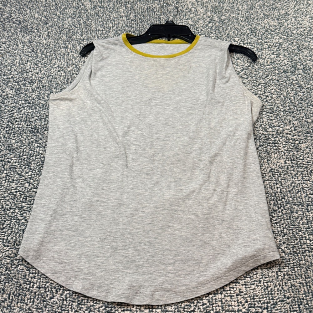 Lululemon Sleeveless Ringer Top Heathered Grey Mustard Yellow Logo XL Hanger